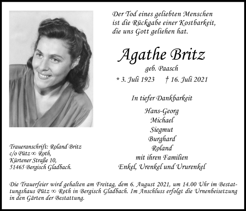  Traueranzeige für Agathe Britz vom 30.07.2021 aus  Bergisches Handelsblatt 
