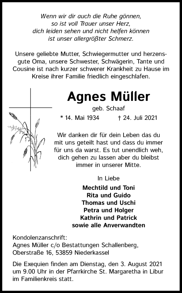  Traueranzeige für Agnes Müller vom 31.07.2021 aus Kölner Stadt-Anzeiger / Kölnische Rundschau / Express