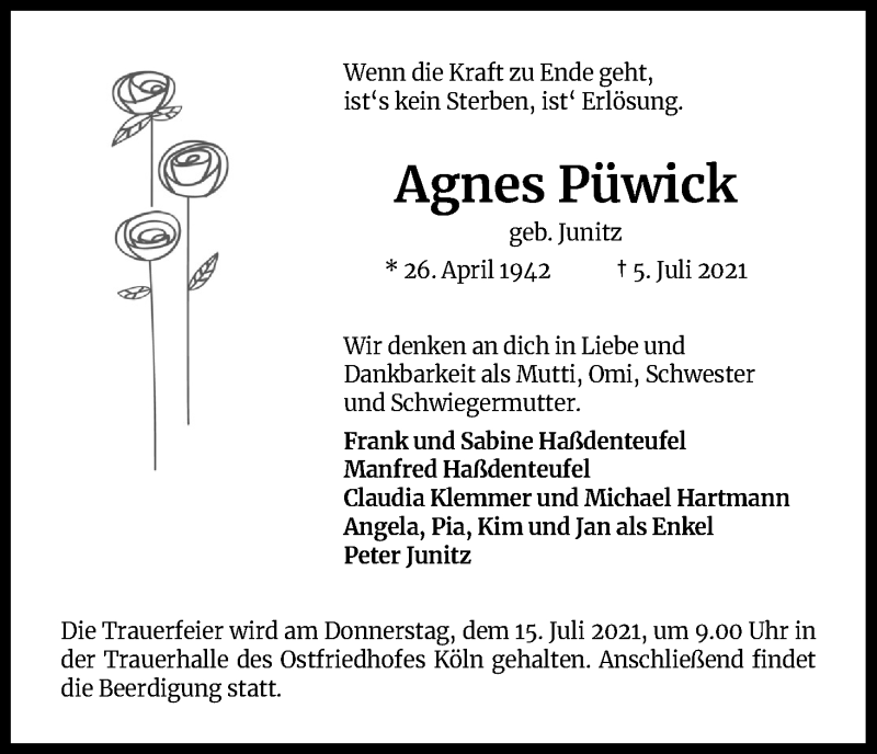  Traueranzeige für Agnes Püwick vom 10.07.2021 aus Kölner Stadt-Anzeiger / Kölnische Rundschau / Express