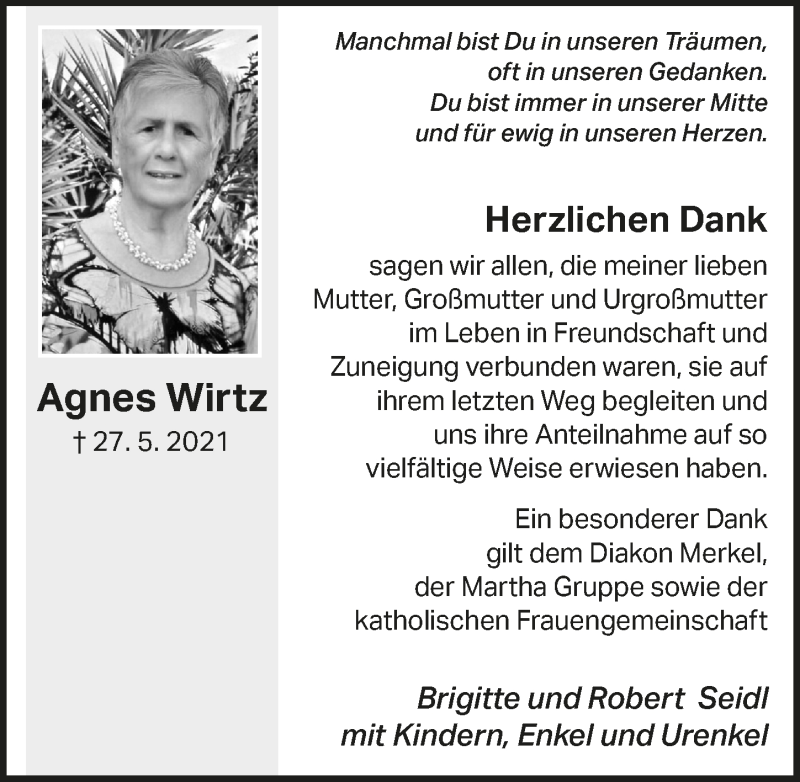  Traueranzeige für Agnes Wirtz vom 30.07.2021 aus  Schlossbote/Werbekurier 