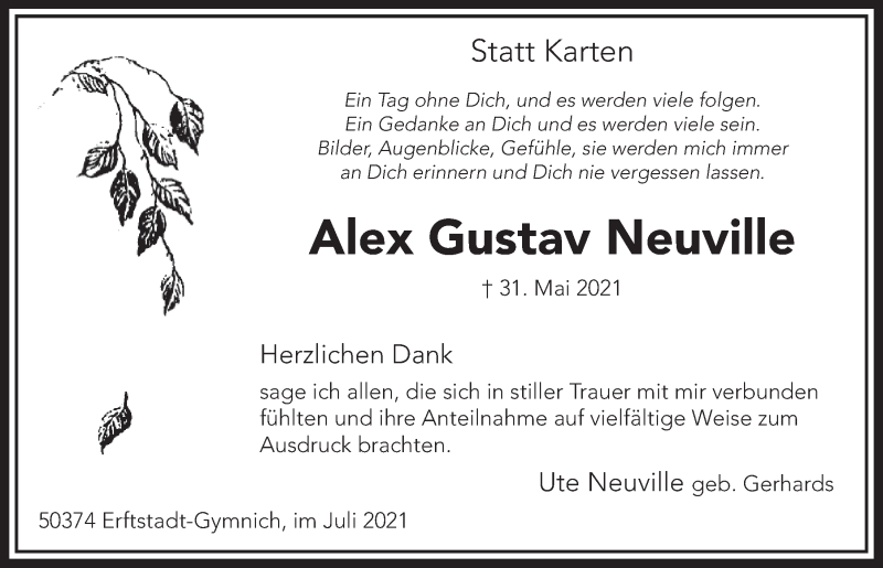  Traueranzeige für Alex Gustav Neuville vom 23.07.2021 aus  Werbepost 
