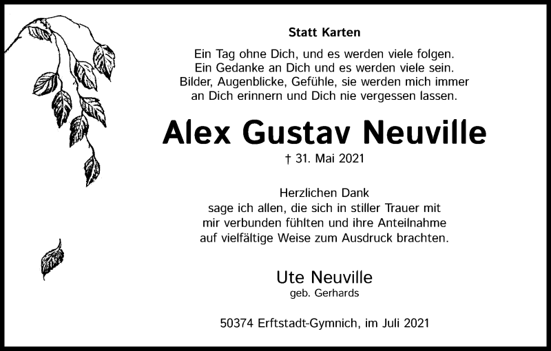  Traueranzeige für Alex Gustav Neuville vom 21.07.2021 aus Kölner Stadt-Anzeiger / Kölnische Rundschau / Express