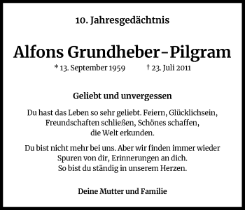 Anzeige von Alfons Grundheber-Pilgram von Kölner Stadt-Anzeiger / Kölnische Rundschau / Express