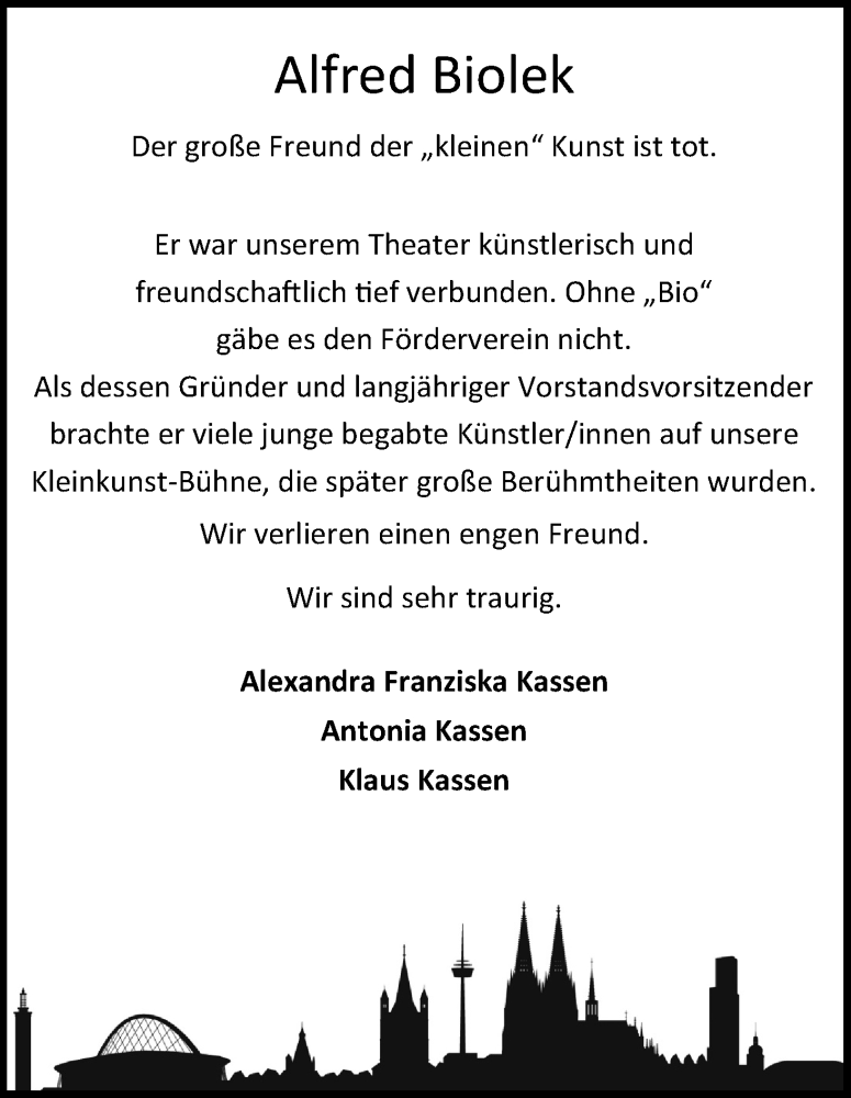  Traueranzeige für Alfred Biolek vom 31.07.2021 aus Kölner Stadt-Anzeiger / Kölnische Rundschau / Express