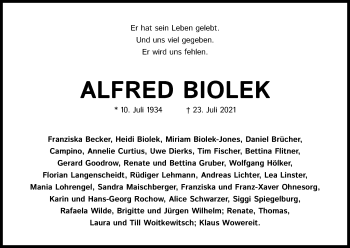 Anzeige von Alfred Biolek von Kölner Stadt-Anzeiger / Kölnische Rundschau / Express
