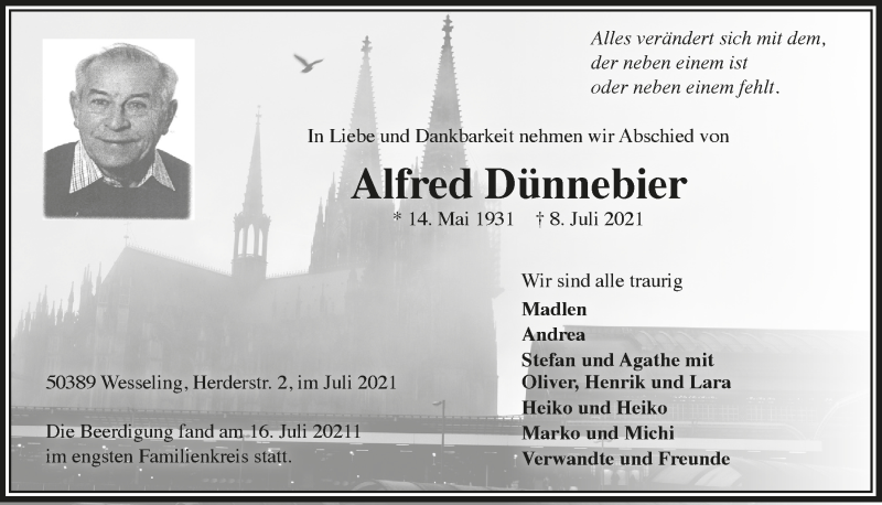  Traueranzeige für Alfred Dünnebier vom 16.07.2021 aus  Schlossbote/Werbekurier 
