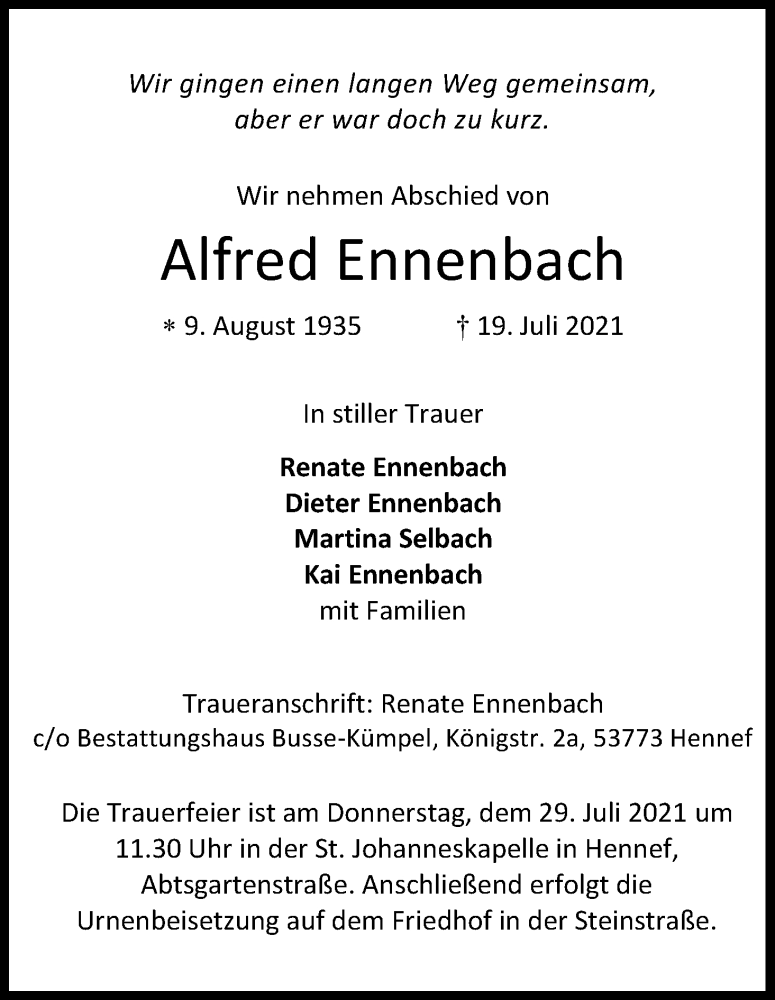  Traueranzeige für Alfred Ennenbach vom 24.07.2021 aus Kölner Stadt-Anzeiger / Kölnische Rundschau / Express