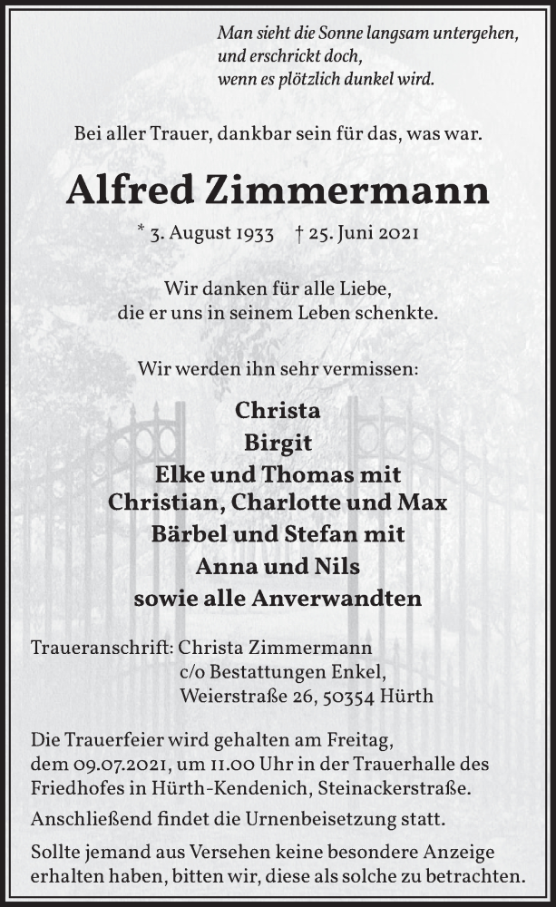  Traueranzeige für Alfred Zimmermann vom 02.07.2021 aus  Wochenende 