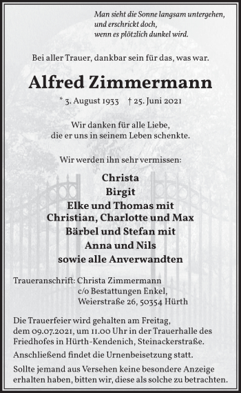 Anzeige von Alfred Zimmermann von  Wochenende 