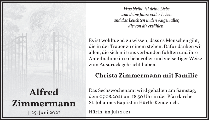  Traueranzeige für Alfred Zimmermann vom 30.07.2021 aus  Wochenende 