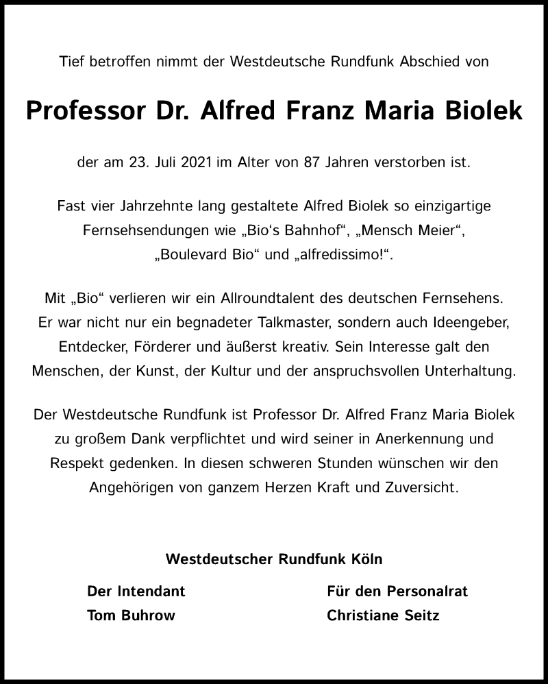  Traueranzeige für Alfred Franz Maria Biolek vom 31.07.2021 aus Kölner Stadt-Anzeiger / Kölnische Rundschau / Express