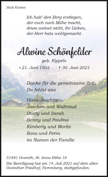 Anzeige von Alwine Schönfelder von  Bergisches Handelsblatt 
