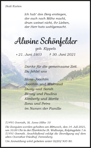Anzeige von Alwne Schönfelder von  Bergisches Handelsblatt 