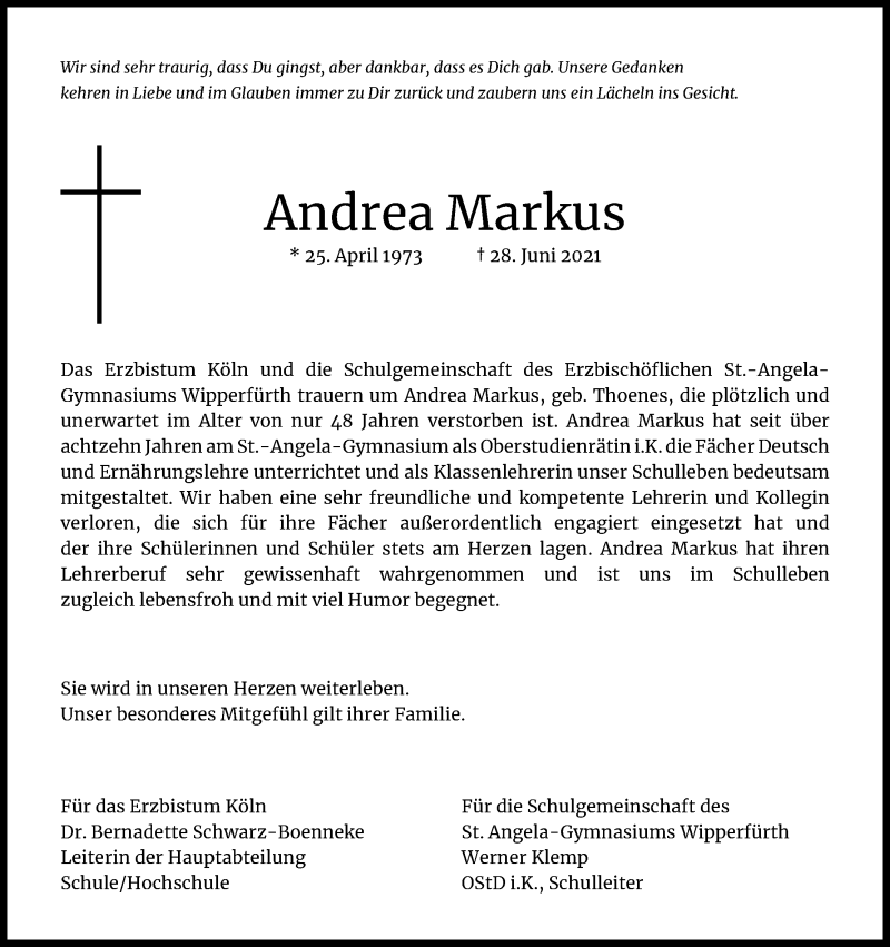  Traueranzeige für Andrea Markus vom 17.07.2021 aus Kölner Stadt-Anzeiger / Kölnische Rundschau / Express