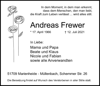 Anzeige von Andreas Frewer von Kölner Stadt-Anzeiger / Kölnische Rundschau / Express