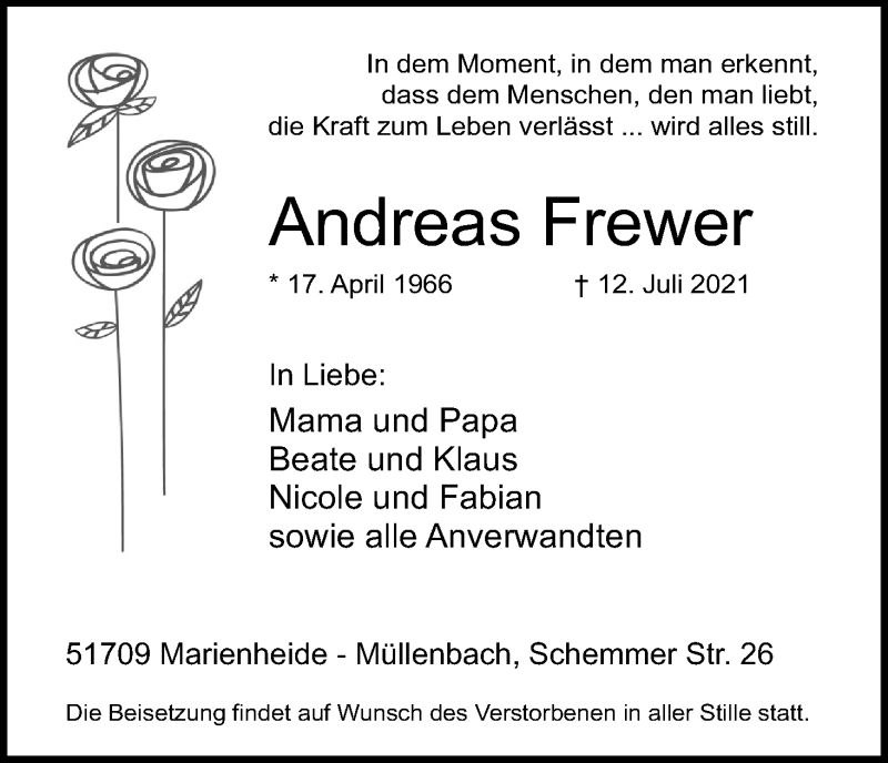  Traueranzeige für Andreas Frewer vom 17.07.2021 aus Kölner Stadt-Anzeiger / Kölnische Rundschau / Express