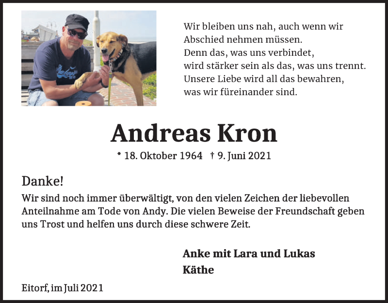 Traueranzeige für Andreas Kron vom 31.07.2021 aus Kölner Stadt-Anzeiger / Kölnische Rundschau / Express