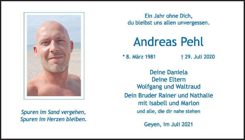  Traueranzeige für Andreas Pehl vom 23.07.2021 aus  Wochenende 