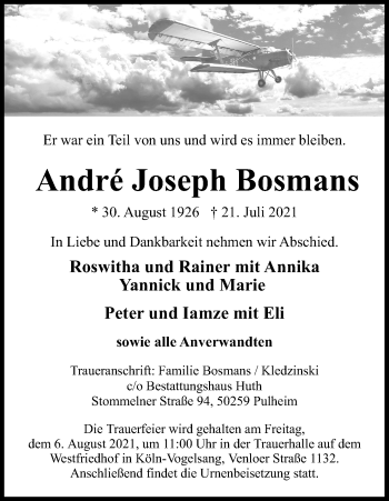 Anzeige von André Joseph Bosmans von Kölner Stadt-Anzeiger / Kölnische Rundschau / Express