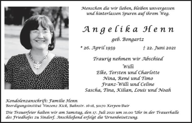  Traueranzeige für Angelika Henn vom 09.07.2021 aus  Werbepost 