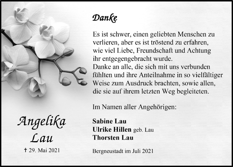  Traueranzeige für Angelika Lau vom 23.07.2021 aus  Anzeigen Echo 