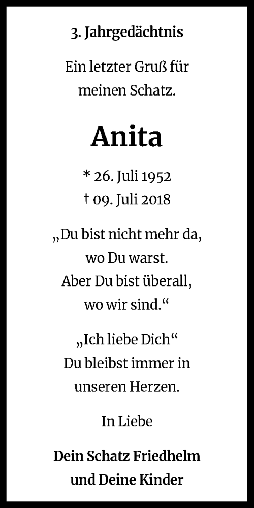  Traueranzeige für Anita  vom 09.07.2021 aus Kölner Stadt-Anzeiger / Kölnische Rundschau / Express
