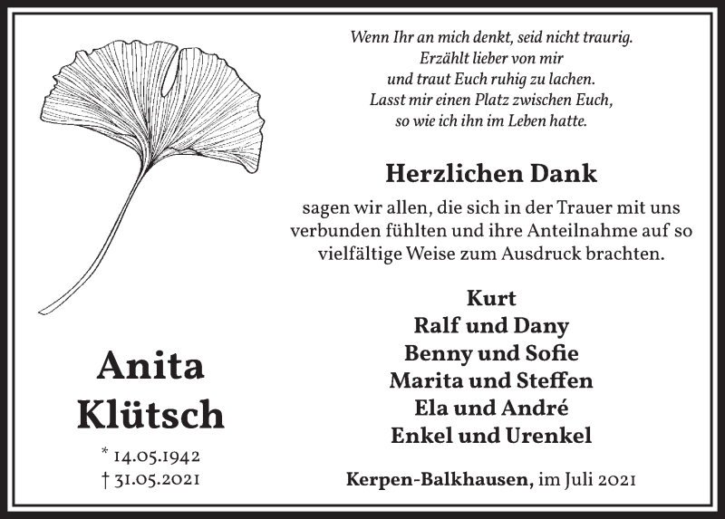  Traueranzeige für Anita Klütsch vom 16.07.2021 aus  Werbepost 