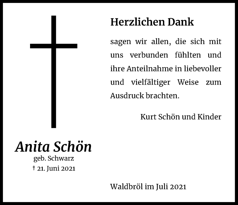  Traueranzeige für Anita Schön vom 17.07.2021 aus Kölner Stadt-Anzeiger / Kölnische Rundschau / Express