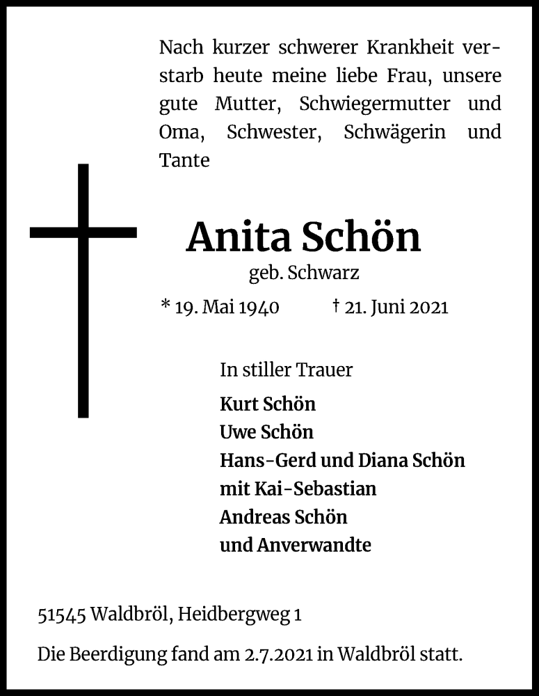  Traueranzeige für Anita Schön vom 03.07.2021 aus Kölner Stadt-Anzeiger / Kölnische Rundschau / Express