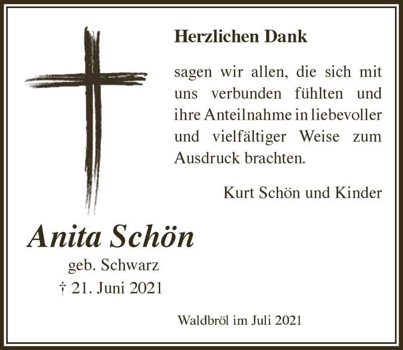  Traueranzeige für Anita Schön vom 16.07.2021 aus  Lokalanzeiger 