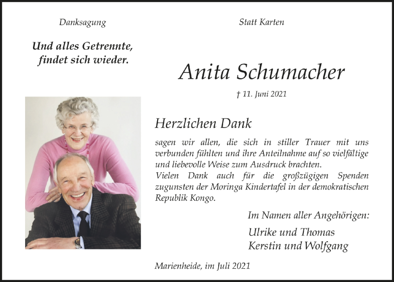  Traueranzeige für Anita Schumacher vom 16.07.2021 aus  Anzeigen Echo 