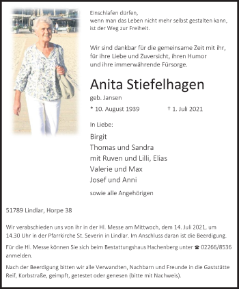 Anzeige von Anita Stiefelhagen von Kölner Stadt-Anzeiger / Kölnische Rundschau / Express