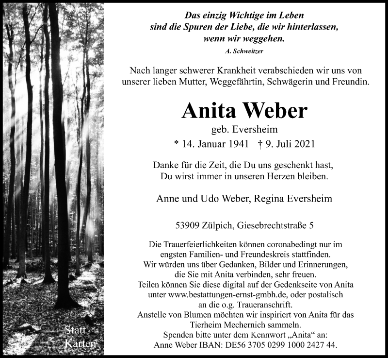  Traueranzeige für Anita Weber vom 17.07.2021 aus Kölner Stadt-Anzeiger / Kölnische Rundschau / Express