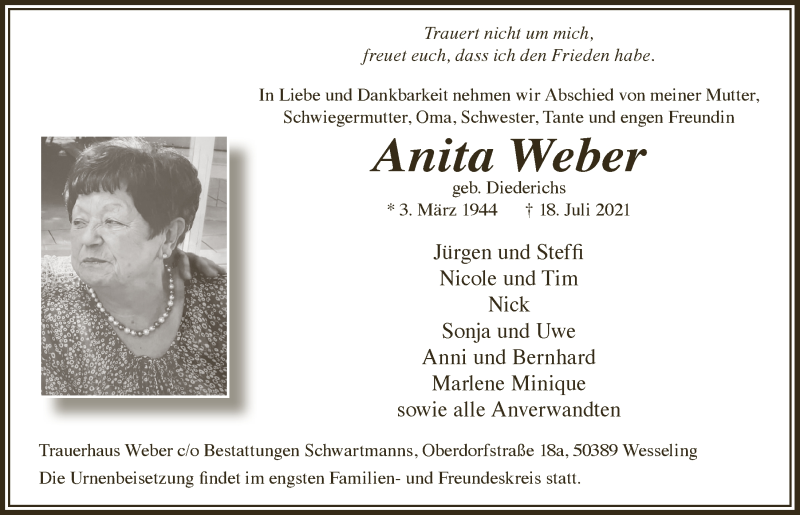  Traueranzeige für Anita Weber vom 23.07.2021 aus  Schlossbote/Werbekurier 