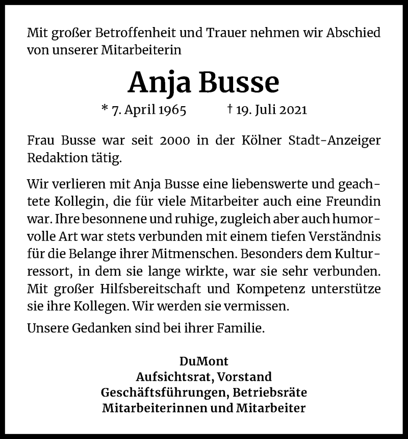  Traueranzeige für Anja Busse vom 24.07.2021 aus Kölner Stadt-Anzeiger / Kölnische Rundschau / Express