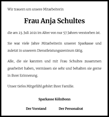 Anzeige von Anja Schultes von Kölner Stadt-Anzeiger / Kölnische Rundschau / Express