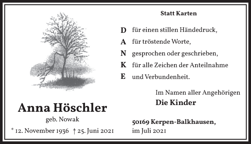  Traueranzeige für Anna Höschler vom 23.07.2021 aus  Werbepost 