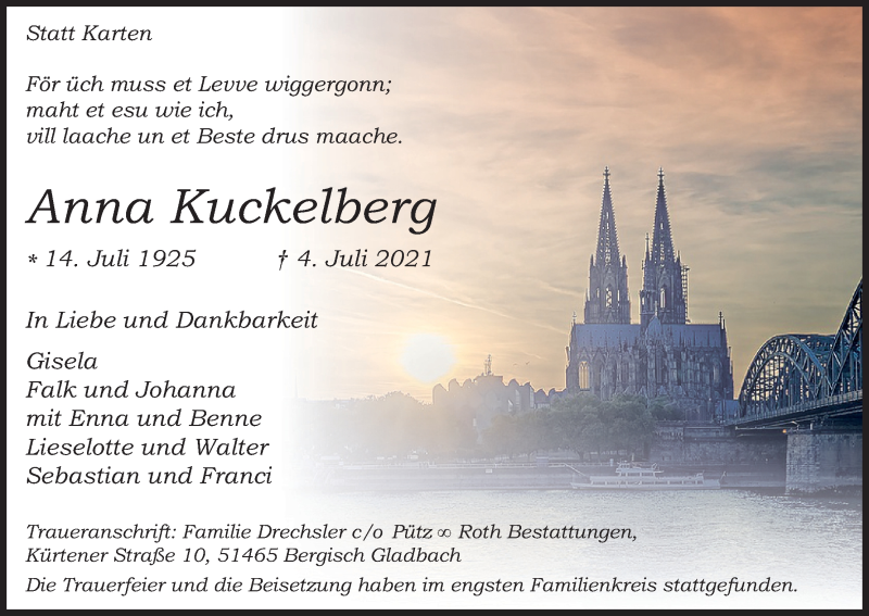  Traueranzeige für Anna Kuckelberg vom 17.07.2021 aus Kölner Stadt-Anzeiger / Kölnische Rundschau / Express