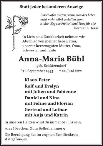 Anzeige von Anna-Maria Bühl von  Wochenende 