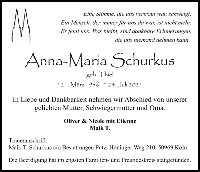 Traueranzeige für Anna-Maria Schurkus vom 31.07.2021 aus Kölner Stadt-Anzeiger / Kölnische Rundschau / Express