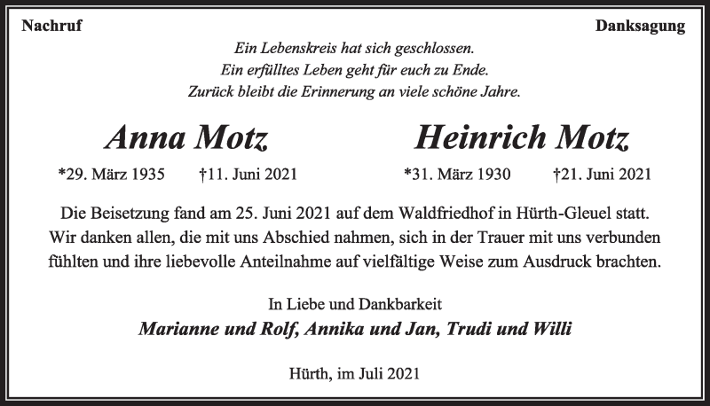  Traueranzeige für Anna Motz vom 02.07.2021 aus  Wochenende 