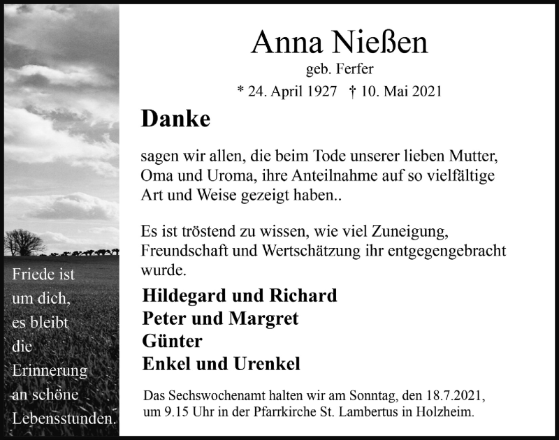  Traueranzeige für Anna Nießen vom 03.07.2021 aus  Blickpunkt Euskirchen 