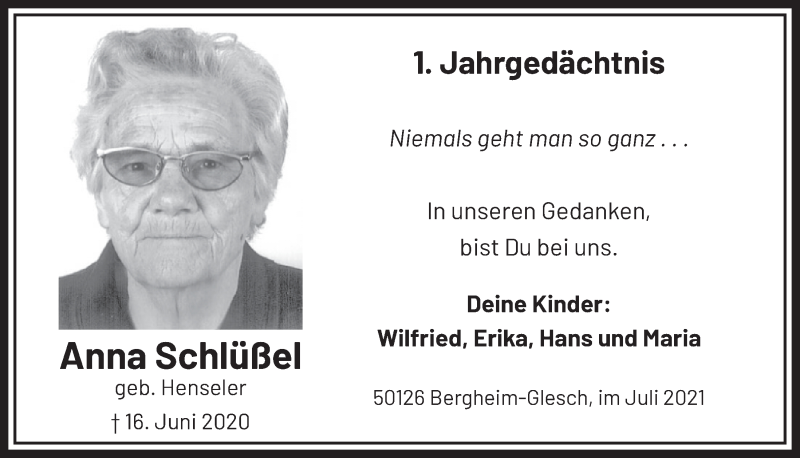  Traueranzeige für Anna Schlüßel vom 16.07.2021 aus  Werbepost 