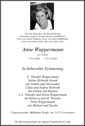 Anzeige von Anne Wuppermann von Kölner Stadt-Anzeiger / Kölnische Rundschau / Express