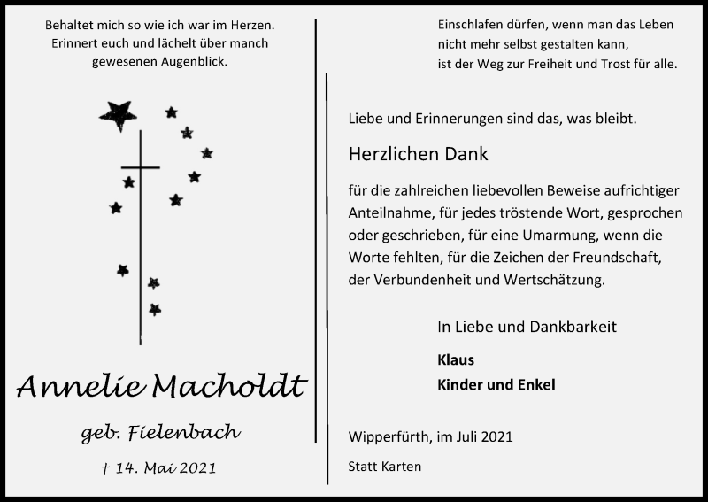  Traueranzeige für Annelie Macholdt vom 03.07.2021 aus Kölner Stadt-Anzeiger / Kölnische Rundschau / Express