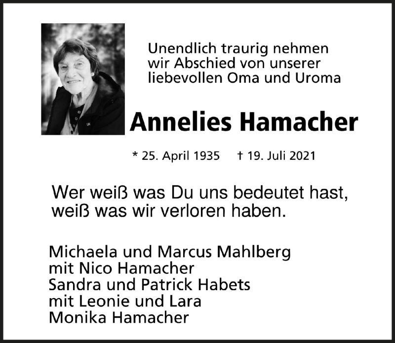  Traueranzeige für Annelies Hamacher vom 31.07.2021 aus  Blickpunkt Euskirchen 