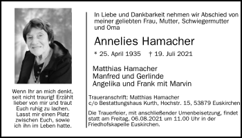 Anzeige von Annelies Hamacher von  Blickpunkt Euskirchen 