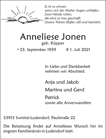 Anzeige von Anneliese Jonen von  Schaufenster/Blickpunkt 