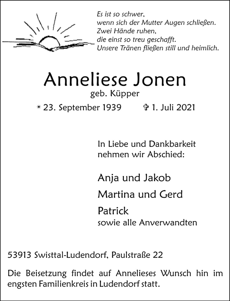  Traueranzeige für Anneliese Jonen vom 09.07.2021 aus  Schaufenster/Blickpunkt 