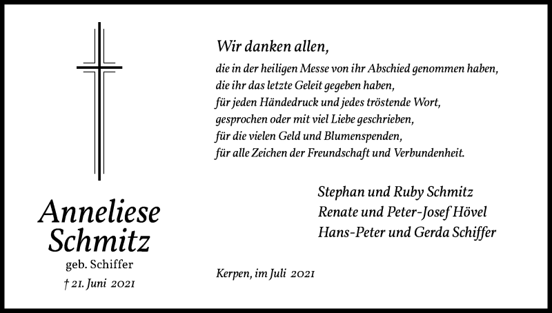 Traueranzeige für Anneliese Schmitz vom 24.07.2021 aus Kölner Stadt-Anzeiger / Kölnische Rundschau / Express